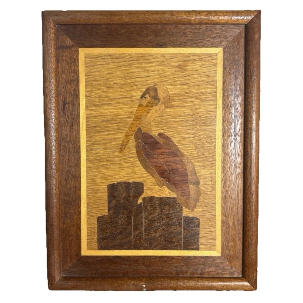 Coastal Beach Pelican Marquetry Wood Inlay Framed Beach House Decor 9.75”x12.5”